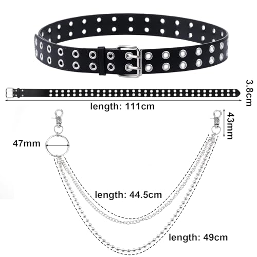 Double Grommet Leather Belt with Detachable Chain for Women Men, Punk Rock Metal Jeans Belts with 2 Hole Black2