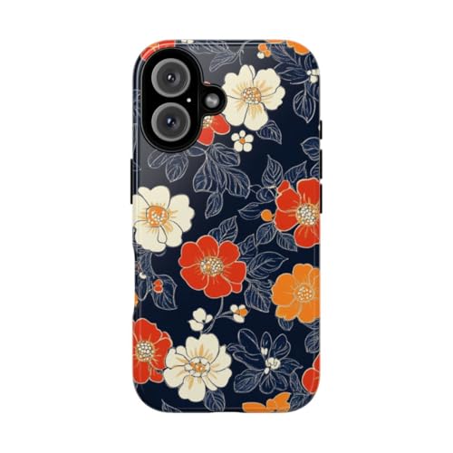 Coque iPhone 16 motif floral orange et blanc rigide brillante