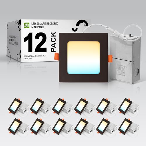 ASD Lámpara LED cuadrada ultrafina de 4 pulgadas, bronce frotado, 5 SKK 2700 K-5000 K 12 W 50 W Eqv, regulable sin canal, luz cuadrada con caja en J, 784 lm, alto brillo, UL Energy Star 12 unidades