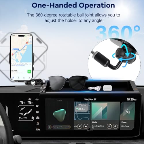 Image of Car Phone Holder Compatible with Kia K4 2025 2026 Accessories 12.3-Inch Screen Fixed Clip, Cell Phone Mount with Dash Organizer Storage Box Hands-Free 360 Rotation