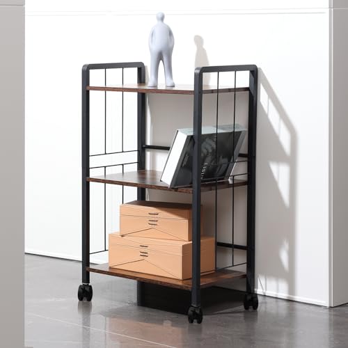 3 Tier Storage Rack with Wheels, Wood Shelving Unit with Side Guard Rails, Small Bookcase 17.32-Inch Width for Entryway, Kitchen, Living Room, Bathroom, Industrial Style, Rustic Brown