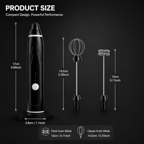 Image of USB Rechargeable Milk Frother with 2 Stainless Steel Heads, Electric Coffee Beater & Egg Whisk for Latte, Cappuccino, Hot Chocolate and Foam Making, Portable Hand Mixer