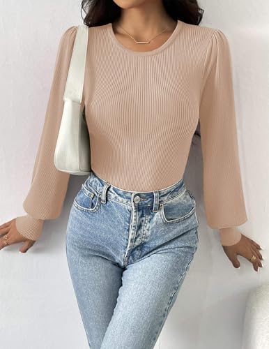Image of Zeagoo Womens Sweaters Long Sleeve Bodysuits 2026 Fall Crewneck Puff Knit Pullover Tops