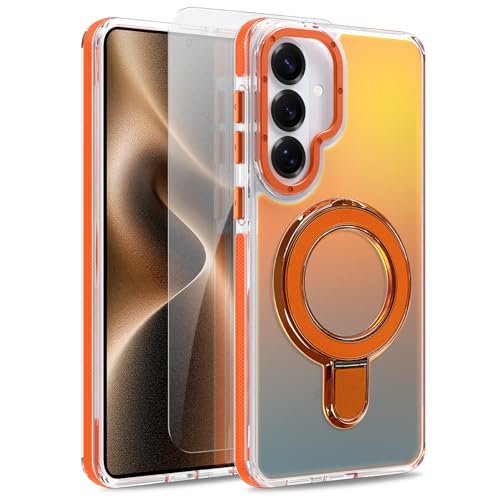 Image of Magnetic for Samsung Galaxy S26 Case with Stand [Compatible with Magsafe] [Cute Fluorescent Design] [1 Screen Protector] Slim Translucent Matte Case for Galaxy S26 6.3 inch, Orange