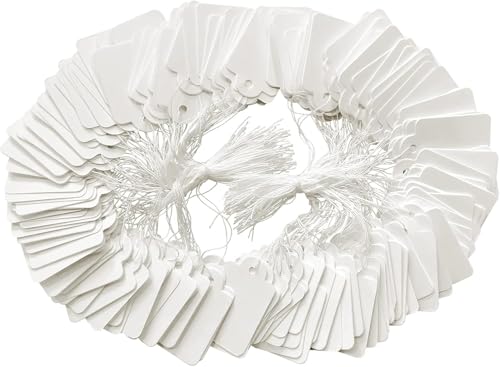 ZUFECY 200 Pcs White Price Display Tags with String, Pricing Writable Tags for Jewelry, Clothing, Hang Blank Tag with String- 1.38 x 0.87 Inches