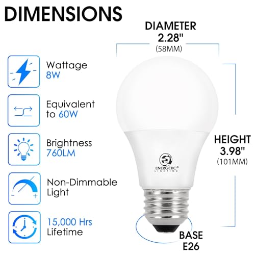 Image of Energetic A19 LED Bulb 60W Equivalent Soft White, 2700K LED Light Bulbs, E26 Standard Base, 8W 760LM, Non-Dimmable, ETL Listed, 12 Pack