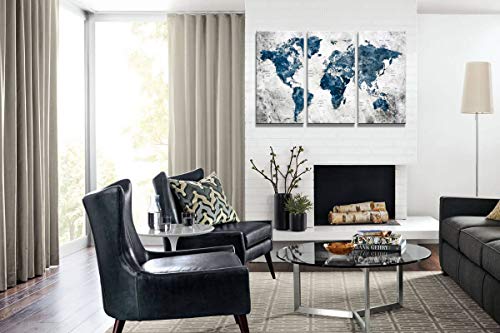 Framed Wall Art Map Of The World Watercolor Abstract World Map Wall Decal Large Office Canvas Wall Art Painting For Bedroom Wall Decoration For Living Room 3 Piece Blue Artwork For Walls 16X32Inch #TOP4