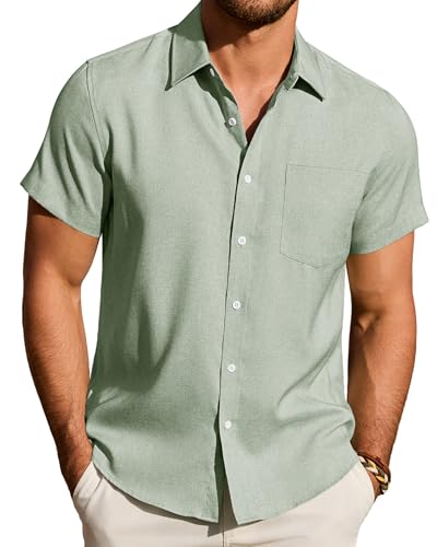 DEMEANOR Leinenhemd Herren Kruzarm Sommer Freizeithemd Strand Regular Fit Button Down Shirt mt Tasche Hellgrün
