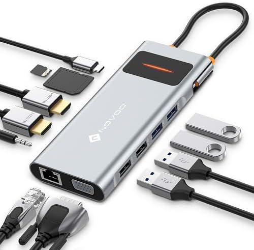 NOVOO Docking Station avec Double Moniteur, 12-en-1 Station d'accueil USB C vers Dual HDMI, VGA, 100W PD, Ethernet RJ45, 4 USB, SD/TF Hub USBC pour MacBook Pro Air Dell Lenovo