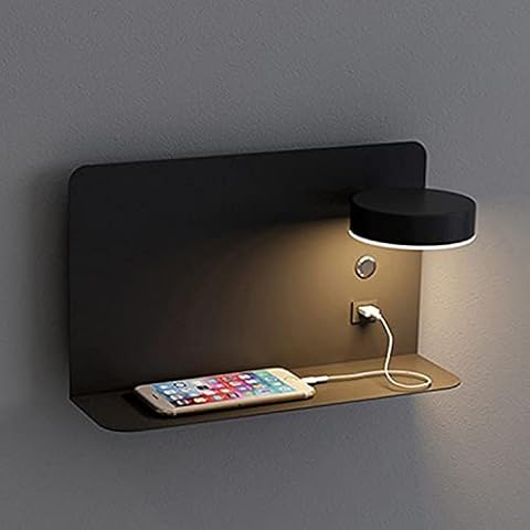 Adjustable Bedside Wall Lights with Switch Shelf Lamp 12W LED, Bedside Wall Lamp with USB Port Charging and Mini Shelf, 3 Color Temps Adjustable, Reading Lamp for Bedroom Living Room,Black Right Cover