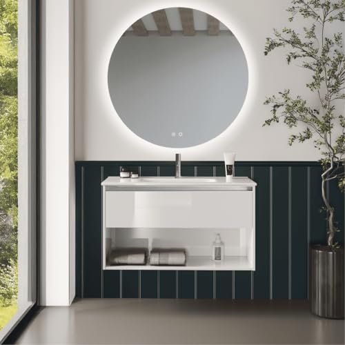 Mueble de Baño Suspendido con Lavabo Cerámico| Mueble Volado 1 Cajón y 1 Hueco | 60 cm Blanco Brillo Tirador Cromo