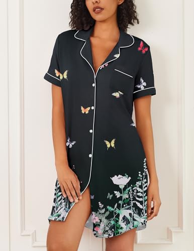 Image of Ekouaer Nightgowns for Women 2 Pack Button Down Sleepwear Short Sleeve Sleepshirts Soft Nightshirts Boyfriend Pajama Dress
