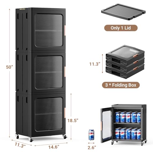 Image of BROVIEW 3-Tier Tall Narrow Storage Cabinet 14.6 inch Wide, Slim Bathroom Cabinets with Adjustable Shelves and Doors, Plastic Kitchen Pantry Organizers and Storages for Small Space, Laundry, Black