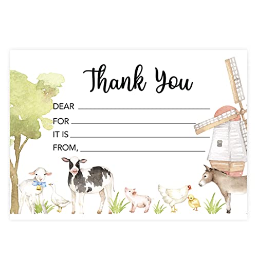 Andaz Press Kids Fill in the Blank Thank You Cards - 20 Cards Including Envelopes Farm Animals Gender Neutral Note Cards For Boys Girls Birthday Thank You Notes for Friends, Family Party Guests