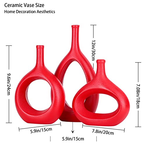 Red Flower Vase Centerpieces Ceramic Hollow Elliptical Vase Set Of 3 - Boho Circle Vase With Hole, For Modern Red Table Decor, Living Room Decor Shelf Mid Century Modern Home Entrance Decorative Vase #TOP1