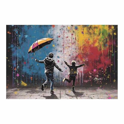 Peinture sur toile deux personnages sous le parapluie pour une ambiance romantique