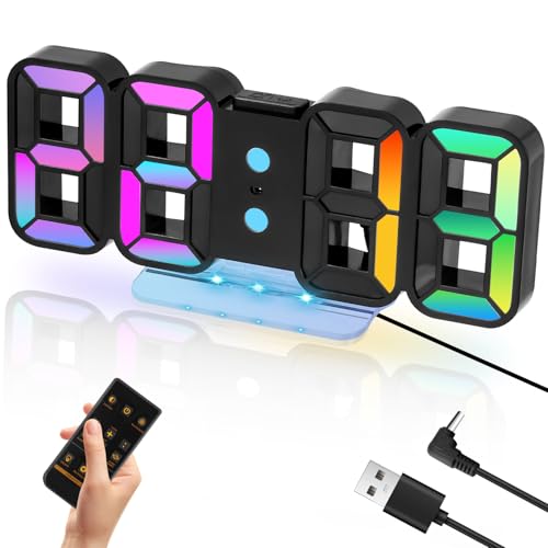 Zaxiva 3D LED DigitalWecker, Tischuhr Digital Uhr mit Snooze Funktion, Digital Wanduhr mit Fernbedienung, 12/24 Stunden Display, 4 Helligkeitsanpassungen, 14 RGB Farbwechsel, Schwarz