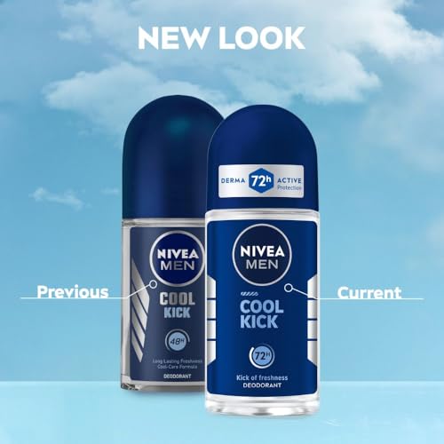 Image of NIVEA MEN Deodorant Underarm Roll On, Cool Kick| 72 H Anti-Perspirant Protection| Long Lasting Freshness with cooling mint Extracts | 0% Alcohol | Dermat Approved| 50ml
