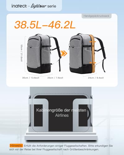 Inateck 38.5-46.2L Reiserucksack Erweiterbarer Handgepäck Rucksack,Grau – Ansicht 2