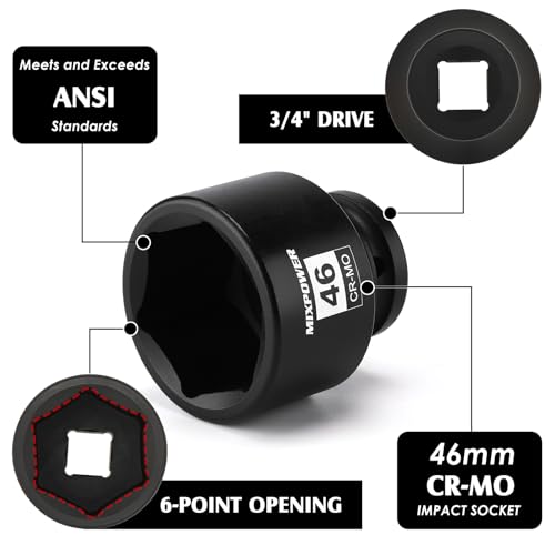 Image of MIXPOWER 3 /4 inch Drive Shallow Impact Socket, 46mm, CR-MO, Metric, 6 Point, Axle Nut Impact Grade Socket for Easy Removal