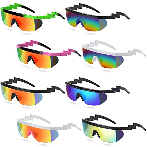 Maitys 8 Pairs Retro Semi Rimless Sunglasses 80s 90s Zigzag Sunglasses Colored Neon Transparent Lens Glasses for Men Women