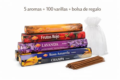 Miniatura 6 de Set de Incienso Natural Surtido con 5 Aromas y 100 Varillas, Incienso aromático para Relajación, Meditación y Yoga, Pack Regalo con Bolsa y QR, Hecho en la India