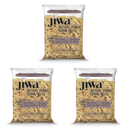 Image of Jiwa Instant Jowar Penne Pasta | Cooks in 7 minutes | Ready to Cook | 100% Millet | No Maida, No Atta | Gluten Free | 200 g (Pack of 3)