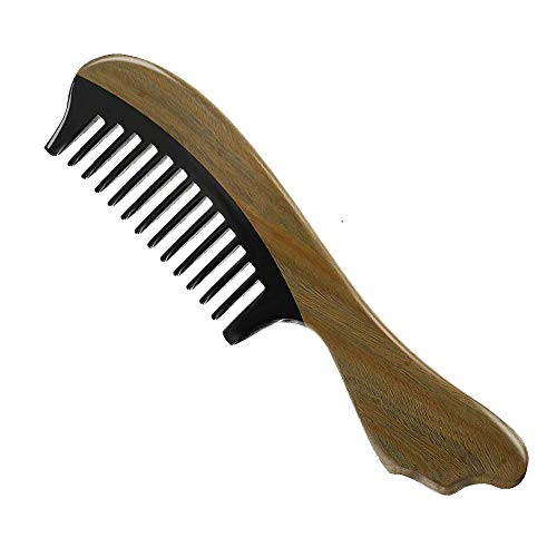 Wide Tooth Comb Buffalo Horn&Green Sandalwood Aroma Combs Anti Static Detangling Comb for Thick, Curly and Wavy Hair