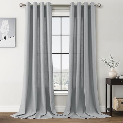 Image of Light Grey Linen Curtains 108 Inches Long 2 Panels Sets for Living Room Grommet Semi Sheer Light Filterinig Bedroom Window Panels Neutral Tone Modern Minimalist Room Decor Curtain Drapes 52x108