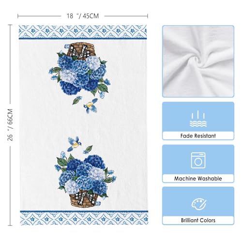 Image of Summer Blue Hydrangea Floral Kitchen Towels, Elegant Birds Dish Towels Set of 2, Spring Flowers Farmhouse 18 x 26 Inch Hand Towel Quick Drying Dishcloth Decor for Kitchen Bathroom Home