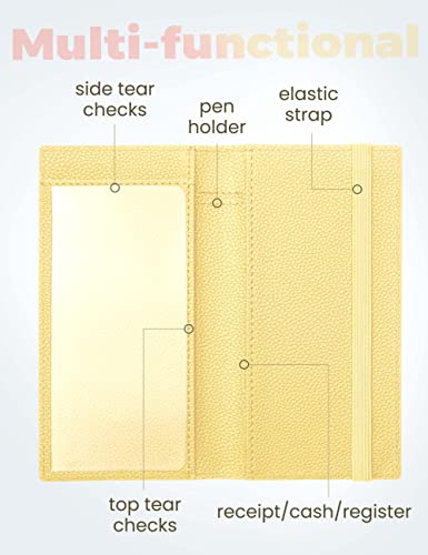 Image of Yarnic Checkbook Cover for Personal Checkbook, Checkbook Holder with Pen Holder & Built-in Clear Plastic Divider for Duplicate Checks (Yellow)