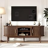 Decofy Mid Century TV Stand for TVs up to 65 Inches, Entertainment Center with Storage, Power Outlet, Fluted Sliding Doors & Adjustable Shelves, Modern Media TV Console Table for Living Room (Walnut)