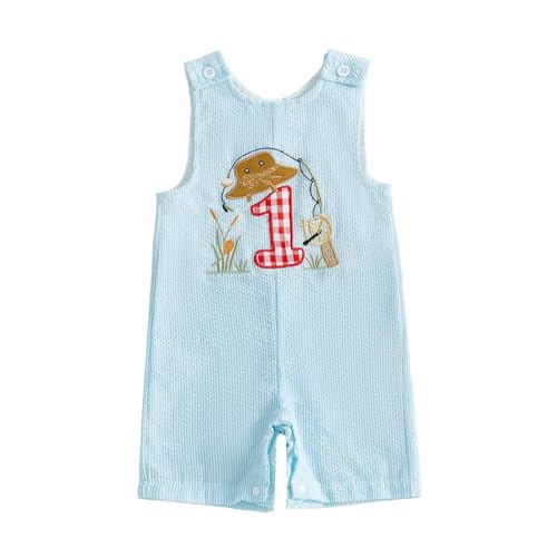 CREAIRY Baby Boy 1st Birthday Outfit Fishing Sleeveless Romper Jumpsuit Bib Overalls Summer Clothes (Sky Blue 12-18 Months)