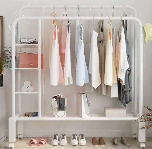 Image of HomeCloud Cloth Drying Stand | Multipurpose Dual Rod + Wheels Garments Rack with Bottom Shelf for Coat Hanger Home, Storage Organizer 1pc (Shelves White)