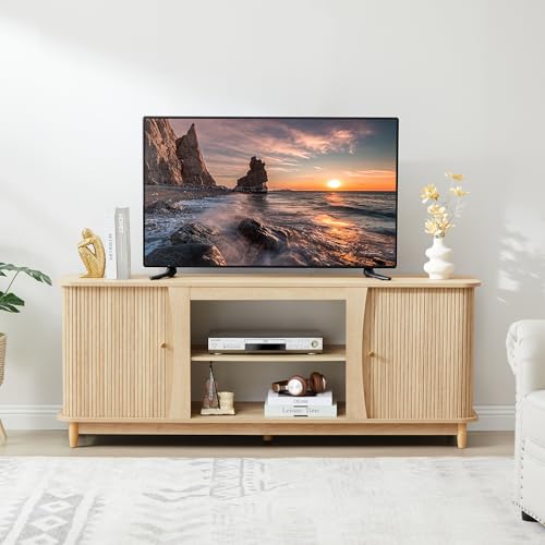 Image of TV Stand, Fluted Media Console Table with Storage and Sliding Door, Farmhouse Entertainment Center for Living Room, Home Office (Natural-No Fireplace)