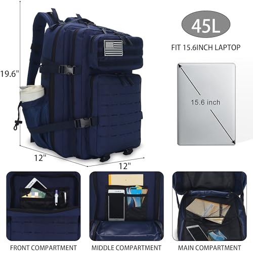 Image of Sparklekle Military Tactical Backpack 45L 3 Day Assault Pack Waterproof Molle Hiking Rucksack for Men and Women (Blue)