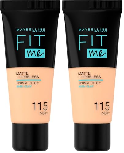 Maybelline New-York - Fond de Teint Fluide Fit Me Matte & Poreless - Peaux normales à grasses - teinte : 115 Ivoire - 30 ml (Paquete de 2)