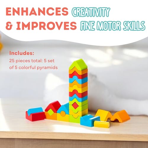 Image of CUBIKA Wooden Construction Tower Set - 25-Piece Construction Play Set with Emotion Characters for Toddlers 2+- Montessori Toy for Creativity, Cognitive Development, and Emotion Recognition