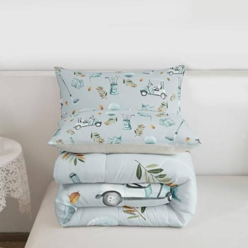 Image of Feelyou Blue Golf Comforter Set Toddler Size Leaves Bedding Set for Kids Boys Girls Sports Golfing Theme Duvet Quilt Bedroom Decor Microfiber 2 Pcs with 1 Pillow Cases