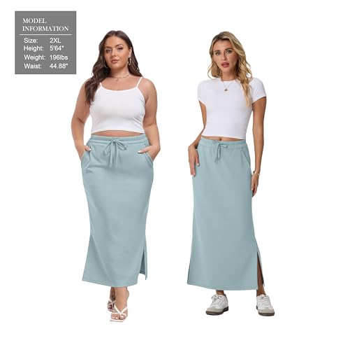 Image of Lepunuo Women's High Waisted Sweat Maxi Skirt with Pockets Slit | Ultra Soft Sweat Fabric, High Waist Drawstring, Deep Phone Pockets, Side Slit for Movement, Ideal for Lounge Travel