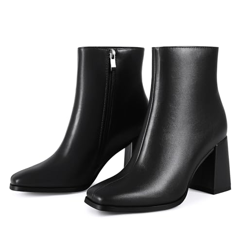 Wetviro Womens Square Toe Ankle Boots Chunky Block Heel Short Boots for Women Mid Heel Dressy Booties Office Party Daily Wear