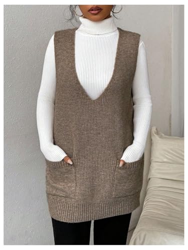 Image of SHENHE Women's Deep V Neck Long Sweater Vest Casual Loose Knit Tunic Pullover with Pockets