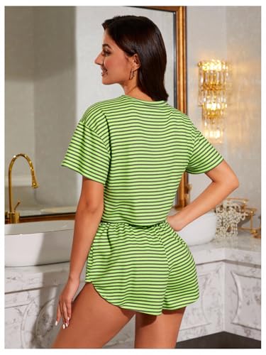 Image of OYOANGLE Womens Pajama Sets 2 Piece Sexy Lounge Sets Summer Cute Pjs Striped Print Tee and Side Split Shorts Set