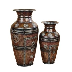 Deco 79 Metal Decorative Vase Indoor Outdoor Large Centerpiece Vases with Floral Relief, Set of 2 Flower Vases for Home Decoration 29″, 22″H, Brown