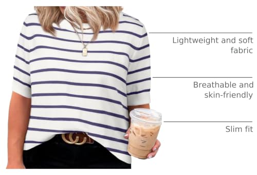 Image of Eytino Women Plus Size Sweater Tops Short Sleeve Crewneck Striped Tshirts Casual Summer Blouses Shirts(1X-5X)