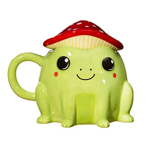Sass & Belle Taza de rana con tapa de hongo – Bonita taza de cerámica de 300 ml con funda de seta roja y blanca, para té o café, divertido regalo de taza de hongos, animal kawaii, ideal para el hogar