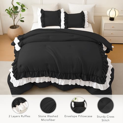 Image of QSH 3PCs Black White Shabby Boho Chic Ruffled Bedding Comforter Queen Size,Farmhouse Vintage Rustic Ruffle Comforter Set Queen Ultral Soft Microfiber Lightweight Fluffy Comforter Set with Pillowcases