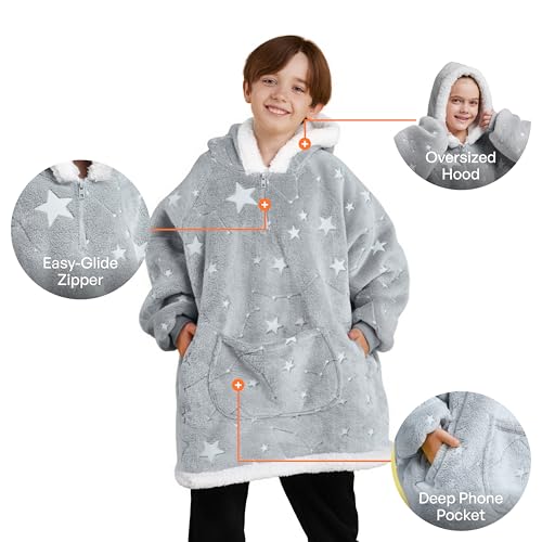 Image of Giggling Getup Glow in The Dark Wearable Blanket Hoodie for Girls and Boys Warm Cozy Sherpa Fleece Hooded Blanket Sweatshirt Oversized Hoodie with Giant Pocket & Sleeves for Kids Cat
