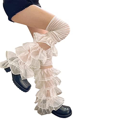 Image of Women Leg Warmers Ruffled Lace Patchwork Long Thigh High Socks Boot Cuffs Cover for Streetwear