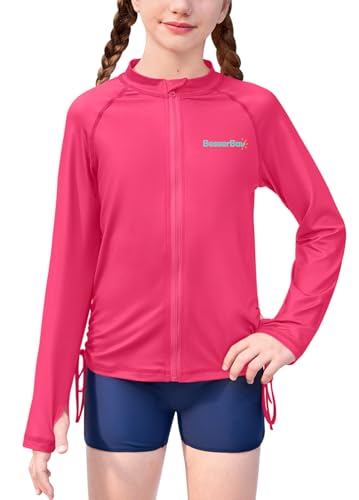 Image of BesserBay Girls Rash Guard UPF 50+ Zip Up Raglan Long Sleeve Adjustable Drawstring Swim UV Jacket 4-14 Years